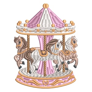 May include: A carousel design featuring three horses in shades of brown, white, and tan. The carousel has a pink and white striped canopy, gold accents, and star details. The base is pink with gold trim.