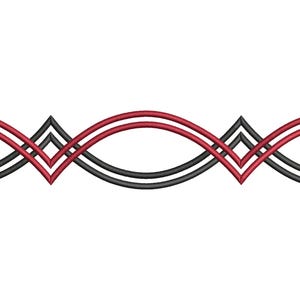 May include: A horizontal embroidery design featuring two intertwined, continuous lines. One line is rendered in a deep red thread, while the other is in black. The pattern consists of repeating wave-like curves that form sharp, pointed peaks.