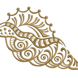 May include: A gold-colored embroidery design featuring a stylized seashell shape. The pattern consists of intricate swirling lines, curved segments, and small circular accents, creating a decorative motif with a raised, textured appearance.