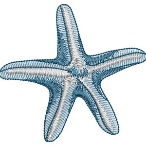 May include: Embroidered starfish patch in shades of blue and white. The five-pointed star has detailed stitching, creating a textured appearance. Ideal for nautical-themed crafts, clothing embellishments, or coastal decor.