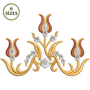 May include: Embroidered floral design featuring three stylized tulips in shades of red, gold, and silver, with delicate white flowers and green leaves. The design is symmetrical and includes the text "6 SIZES" in a green circle.