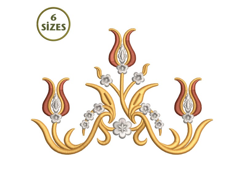May include: Embroidered floral design featuring three stylized tulips in shades of red, gold, and silver, with delicate white flowers and green leaves. The design is symmetrical and includes the text "6 SIZES" in a green circle.
