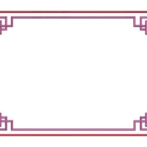 May include: A rectangular frame design featuring a thin red outer border and an inner border composed of pink geometric interlocking square patterns at each of the four corners, creating a clean and symmetrical decorative border layout.