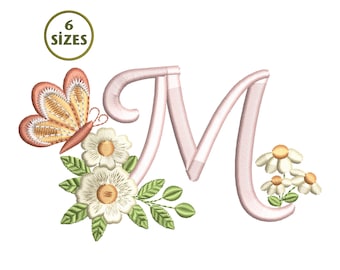 Butterfly Floral M Monogram Embroidery Design (Digital Download)