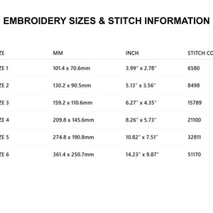 May include: A white chart titled "EMBROIDERY SIZES & STITCH INFORMATION" with size, millimeter, inch, and stitch count columns. Size 1 is 3.99" x 2.78" and 6580 stitches. Size 6 is 14.23" x 9.87" and 51170 stitches.