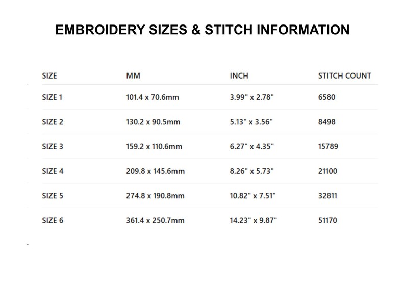 May include: A white chart titled "EMBROIDERY SIZES & STITCH INFORMATION" with size, millimeter, inch, and stitch count columns. Size 1 is 3.99" x 2.78" and 6580 stitches. Size 6 is 14.23" x 9.87" and 51170 stitches.