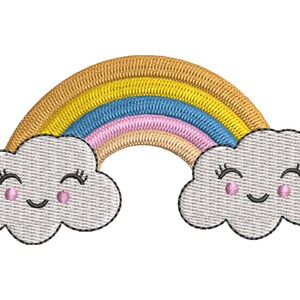 May include: An embroidered patch featuring a rainbow with bands of gold, yellow, blue, and pink, arched between two light gray clouds. Each cloud has a smiling face with closed eyes, long eyelashes, and small pink circular cheeks.