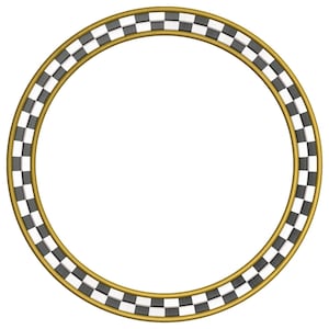 Peut inclure: Un cadre circulaire doté d'un bord extérieur doré et d'un bord intérieur doré. Entre les deux bords dorés se trouve un motif répétitif de petits carrés alternés noirs et blancs disposés en une seule rangée autour du cercle.