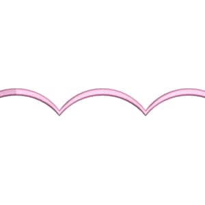May include: A light pink scalloped trim design featuring a repeating wave pattern with three distinct arches. The embroidery consists of a smooth, continuous line that creates a decorative edge, showcasing a soft pastel color and a clean, symmetrical shape.