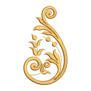 May include: Gold-colored floral embroidery design featuring a swirling, stylized leaf and stem pattern. The design includes a spiral element and a series of small, round accents, creating a decorative, ornate look. Ideal for embellishing apparel or home decor.