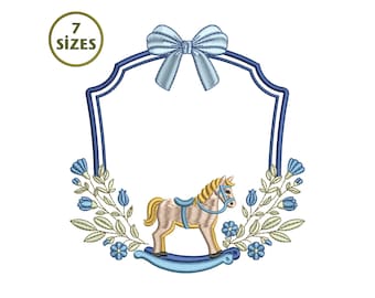 Bow rocking horse baby name frame embroidery (Digital Download)
