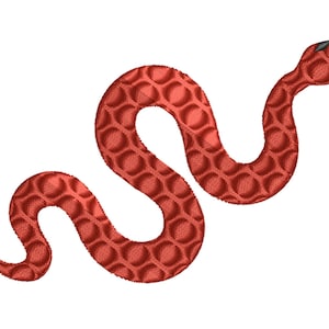 May include: An embroidered red snake design featuring a repeating hexagonal scale pattern across its body, a curved S-shaped posture, and two small black eyes. The snake is depicted with a forked tongue extending from its head.
