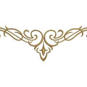 May include: A gold-colored embroidery design featuring a symmetrical, horizontal scrollwork pattern. The motif consists of intricate, flowing lines that curve outward from a central, pointed element, creating a decorative, ornamental shape.