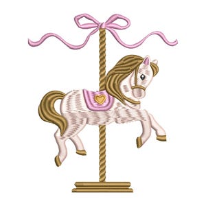 May include: An embroidered carousel horse with a pink saddle and a gold heart. The horse has a tan mane and tail, and is attached to a gold pole with a pink bow at the top. The design is on a white background.