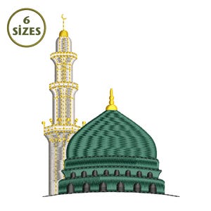 Puede incluir: Un diseño bordado que presenta una mezquita con una cúpula verde y un alto minarete. El minarete y la cúpula están detallados con detalles dorados. La imagen incluye un gráfico circular con el texto "6 SIZES".