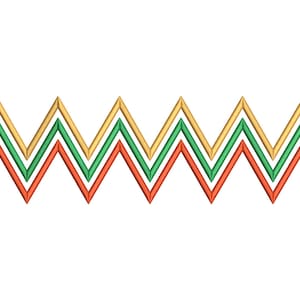 Pode incluir: Um gráfico digital apresentando três linhas horizontais paralelas de ziguezague. A linha superior é dourada, a linha do meio é verde e a linha inferior é laranja. Cada linha consiste em seis picos e vales repetidos uniformemente.