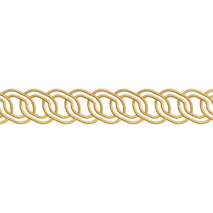 May include: A gold-colored chain featuring a series of interlocking oval links arranged in a horizontal line. The chain has a consistent metallic finish and a repeating pattern of connected loops, with one end showing an open link structure.