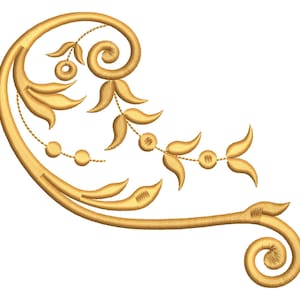 Puede incluir: Un diseño de bordado dorado y ornamentado con un remolino, hojas y detalles de cuentas. El diseño tiene una estética clásica y elegante, adecuado para adornar prendas de vestir o artículos de decoración del hogar.
