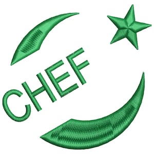 May include: An embroidery design featuring the word CHEF in green thread, positioned diagonally between two curved crescent shapes and a five-pointed star, all rendered in a consistent bright green color with visible stitch texture.