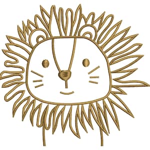 Könnte beinhalten: Ein goldbraun gesticktes Löwengesicht mit freundlichem Ausdruck. Der Löwe hat eine detaillierte Mähne, kleine Augen und einen lächelnden Mund. Dieses Design eignet sich für Baby- und Kinderprodukte.