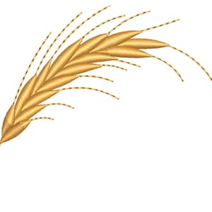 Puede incluir: Un diseño de bordado de una espiga de trigo dorada con costuras detalladas que crean una apariencia texturizada y curva. La cabeza del trigo se compone de múltiples segmentos superpuestos con finas aristas radiantes desde el tallo central.