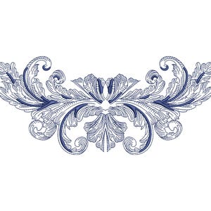 Può includere: Un disegno per ricamo simmetrico caratterizzato da intricati motivi a volute e foglie d'acanto in blu scuro. Il motivo è composto da linee di cucitura dettagliate che creano un ornamento decorativo con elementi ricurvi verso l'esterno.