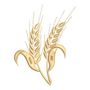 Pode incluir: Um design de bordado apresentando dois talos de trigo dourado. As espigas são renderizadas com pontos detalhados em tons de amarelo e ouro, acompanhadas por longas e finas aristas voltadas para cima e folhas curvas na base dos talos.