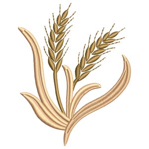 Pode incluir: Um design de bordado apresentando dois talos de trigo dourado com espigas castanhas detalhadas e folhas curvas bege-claras na base. O design é composto por padrões de costura visíveis que criam textura e profundidade em todo o motivo.