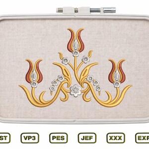 May include: Embroidered design featuring three stylized tulips in red and gold, with white floral accents, set against a beige fabric. The design is framed in a white embroidery hoop. Includes file format icons.