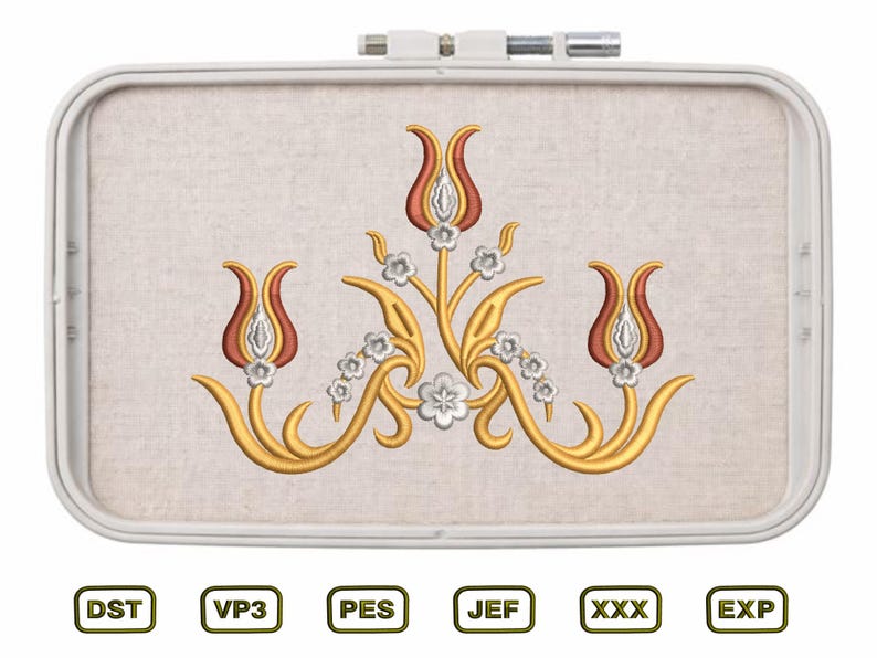 May include: Embroidered design featuring three stylized tulips in red and gold, with white floral accents, set against a beige fabric. The design is framed in a white embroidery hoop. Includes file format icons.