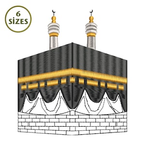 May include: An embroidered design of the Kaaba, a cube-shaped structure with black fabric and gold accents. Two minarets with gold and white details are on top. The design includes the text "6 SIZES" in a green circle.