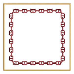 May include: A square white textile featuring a dark red embroidered chain link border pattern. The design is enclosed within a thin gold-coloured frame, creating a clean and structured appearance with a repeating link motif along all four sides.