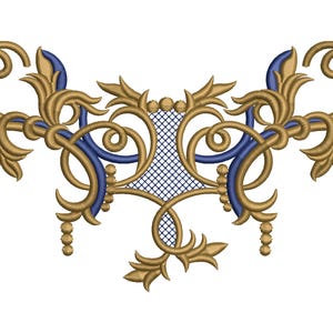 May include: An embroidery design featuring symmetrical gold scrollwork and leaf motifs accented with deep blue curved lines. The centre includes a dark blue cross-hatched grid pattern, while small gold spheres hang from the outer edges of the design.