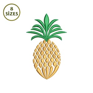 Puede incluir: Diseño de piña bordada con hojas verdes y cuerpo amarillo dorado. La imagen incluye un gráfico circular con el texto "8 TAMAÑOS" en verde, que indica los tamaños disponibles para el diseño. La piña es una fruta tropical popular.