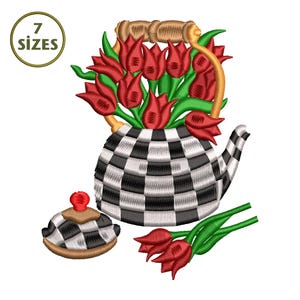 Diseño de bordado para mantel individual con forma de tetera de tulipán (descarga digital)