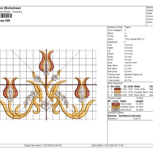 May include: Production worksheet for an embroidery design, featuring a floral pattern with tulip-like shapes in orange and gold. The design is labeled 'maras-58f' and includes technical details like stitch count and thread colors.