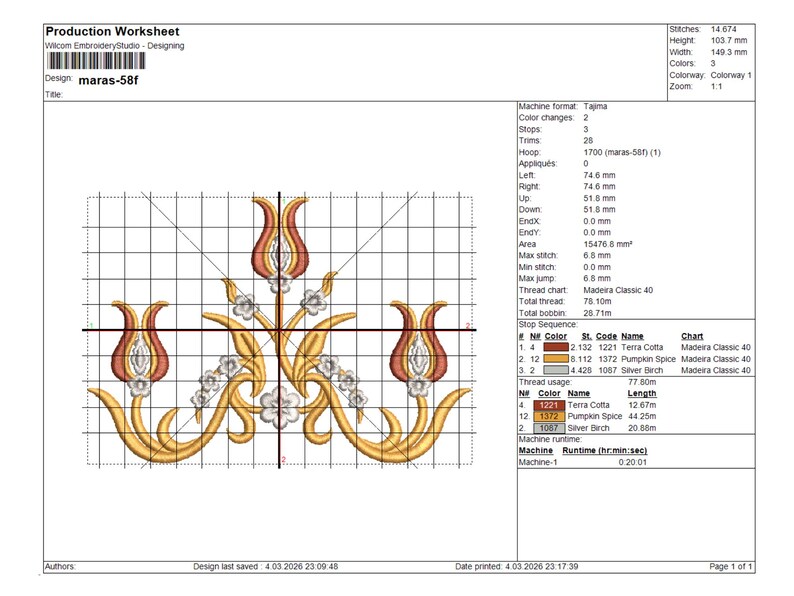 May include: Production worksheet for an embroidery design, featuring a floral pattern with tulip-like shapes in orange and gold. The design is labeled 'maras-58f' and includes technical details like stitch count and thread colors.