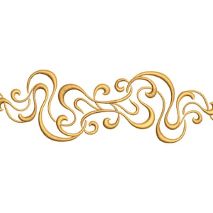 Puede incluir: Un diseño ornamental decorativo simétrico de color dorado. El diseño presenta líneas y espirales curvas y fluidas, creando un borde ornamental elegante. El diseño está sobre un fondo blanco.