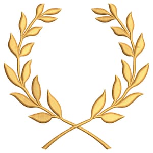 May include: A golden laurel wreath embroidery design featuring two symmetrical branches with pointed leaves that cross at the bottom. The design uses a yellow-gold thread color with visible stitching texture throughout the leaves and stems.