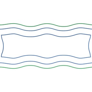 May include: A rectangular label with a wavy border. The border consists of three lines: a green outer line, a blue middle line, and a blue inner line. The center of the label is white.