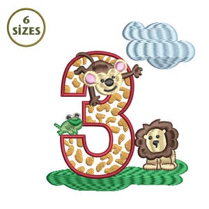 May include: Embroidered design featuring the number 3 with a monkey, frog, and lion. The number is filled with a tan and brown pattern and outlined in red. A green cloud and the text "6 SIZES" in a circle are also included.