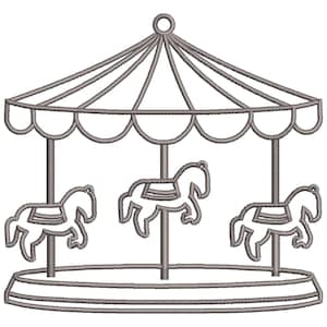 May include: A gray carousel design with three horses, a canopy, and a circular base. The horses are in a running pose, and the canopy has a scalloped edge. The design is a simple line drawing, suitable for embroidery or other crafts.