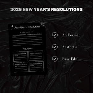 Puede incluir: Un planificador de resoluciones de Año Nuevo 2026 en blanco y negro. Incluye secciones para objetivos, con cuadros de texto para escribir. Formato A4, diseño estético y fácil de editar.