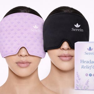 May include: Two people wearing eye masks, one lilac and one black, with the brand name "Serein" printed on them. A box of "Headache Relief Cap" is next to them. The lilac mask has a floral pattern.