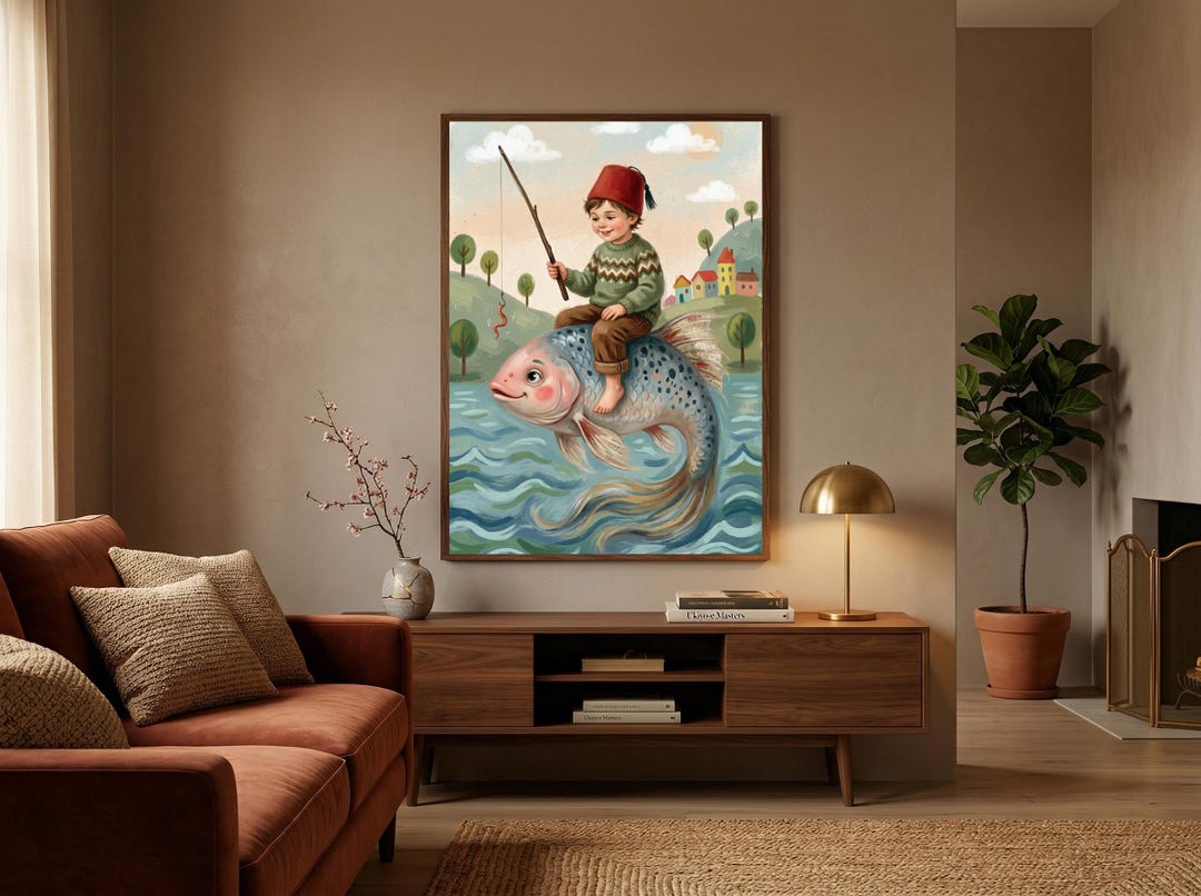 Whimsical Boy Riding Fish Art, Vintage Storybook Illustration, Nursery ...