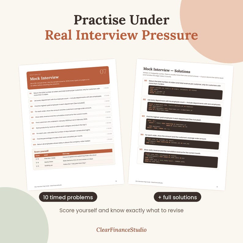 May include: Two white pages of a mock interview prep guide featuring SQL coding problems and solutions. The left page lists ten timed problems, while the right page provides the corresponding code solutions in dark boxes. Text includes "Practise Under Real Interview Pressure" and "ClearFinanceStudio."