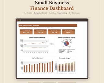 Plantilla de Excel para panel de control financiero de pequeñas empresas / Rastreador de presupuesto de pérdidas y ganancias / Generador de facturas / Registro de gastos / Hoja de cálculo de contabilidad