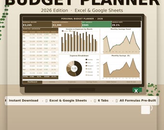 Planificador de presupuesto 2026 / Hojas de cálculo de Excel para establecer objetivos de ahorro mensuales (Descarga digital)