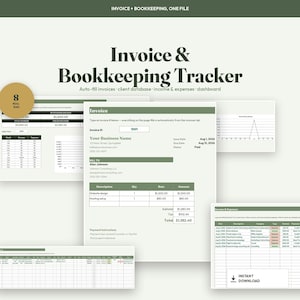 Auto-Fill Invoice & Bookkeeping Tracker, Client Database, Income Expense Log (Digital Download)