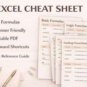 May include: An Excel cheat sheet with the title "EXCEL CHEAT SHEET" lists over 50 formulas, beginner-friendly tips, printable PDF, and keyboard shortcuts. A cup of coffee, a pen, and a notepad are on the table.